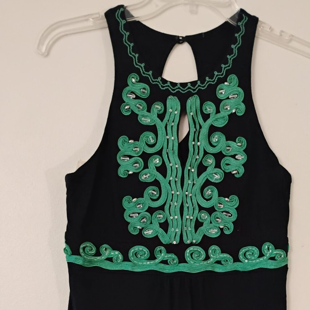 INC Int'l Pima Cotton & Modal Black Green Embroidry Trim Beads Sleveless Keyhole